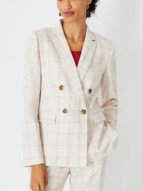 Ann Taylor Suit Blazer Size 8 Beige Pink Plaid